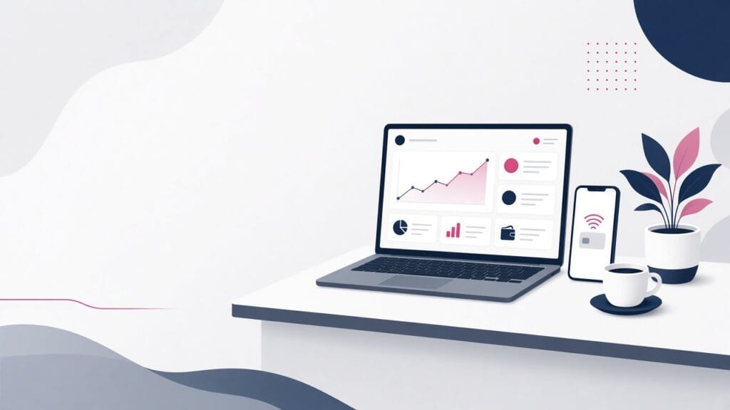 Bureau avec ordinateur et smartphone affichant une banque en ligne