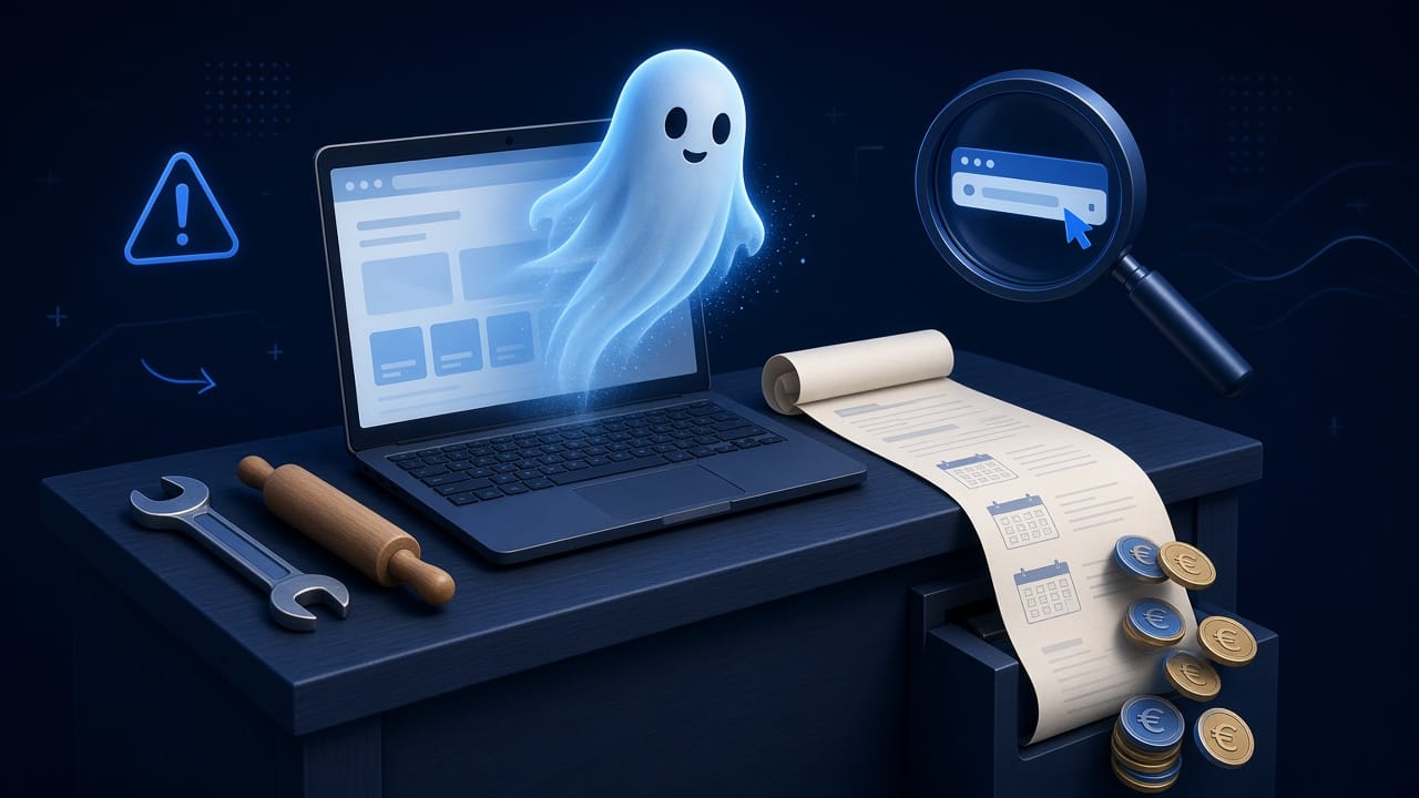 Illustration : un site internet fantôme qui s'efface d'un écran, à côté d'un long contrat de prélèvements